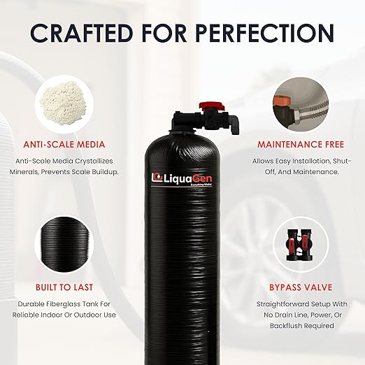 LiquaGen Whole House Water Filter System with Salt-Free Conditioner, Lead & PFOA/PFOS Reduction, 0.5-Micron Filtration, High-Flow, Improves Taste & Protects Plumbing