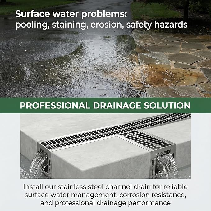 304 Stainless Steel Channel Drain, 39.4x6.1x5.9in Heavy-Duty Drain Kit, Trench Drainage System with Galvanized Steel Grate for Outdoor, Driveway, Garage, Yard