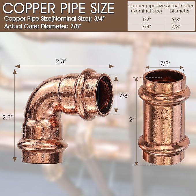Copper Press Fittings 3/4inch Copper Coupling with Stop&Copper 90 degree Elbow with 3/4 Inch PxP, 3/4" 6PKPress Fittings Coupling with Stop+6PK 90 Degree Elbow,OD 7/8",Use with Hydraulic Press Fitting