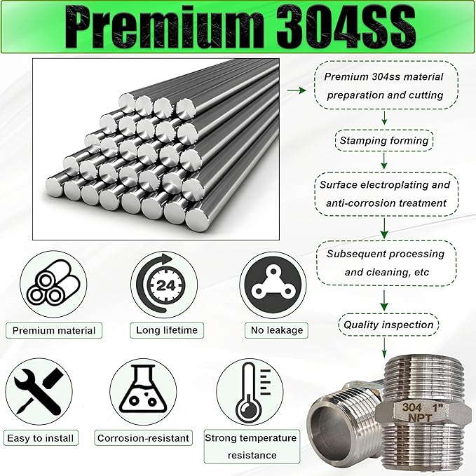 1/2" Male to Male NPT Hex Nipple Pipe Fittings, 304 Stainless Steel 1/2 inch MNPT Threaded Pipe Adapter Equal Straight Nipples Connector Fitting, 4pcs
