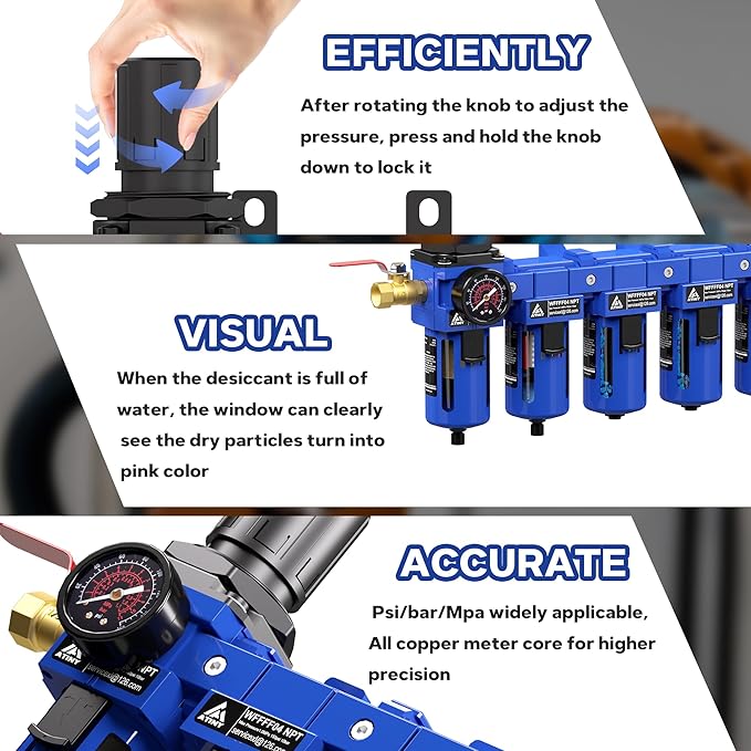 1/2'' NPT 5 Stage Air Dryer for Compressor,5&0.01 Micron Filter Cartridge Air Drying System,Double Desiccant Dryers & Air Regulator,Metal Bowl, Semi-Auto Drain,Industrial Grade-Blue