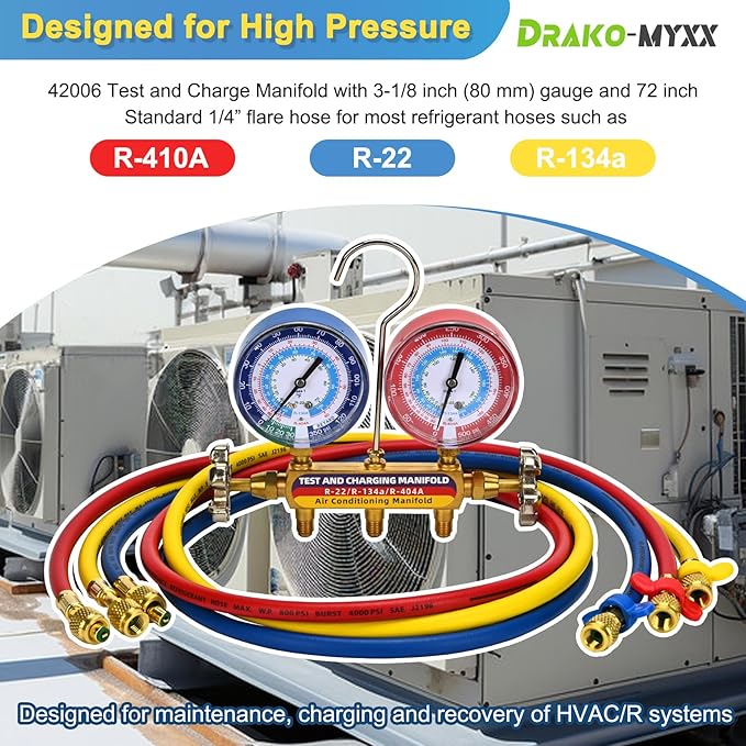 2026 Upgrade 42006 Test and Charge Manifold Set with 3-1/8" (80 mm) Gauge, for R-22/134A/404A, 1/4" to 1/4" Standard Flare Fittings with 72"(6Ft), Hvac Gauges with Colored Label and Hoses Set
