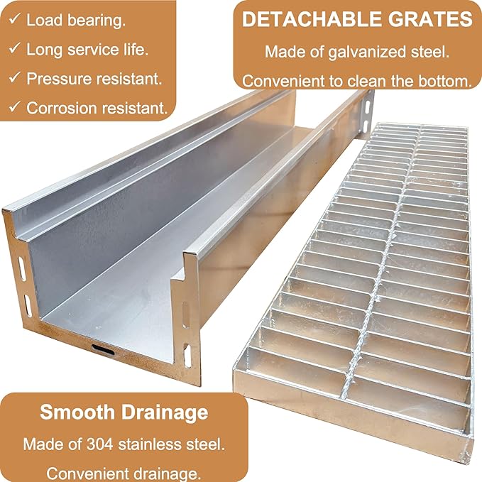 304 Stainless Steel Channel Drain with Galvanized Steel Grate 39.4x9x6 in, B-Class 28100 lbs Heavy-Duty Drain Kit for 3" Pipe, Trench Drainage System for Outdoor, Driveway, Garage, Yard