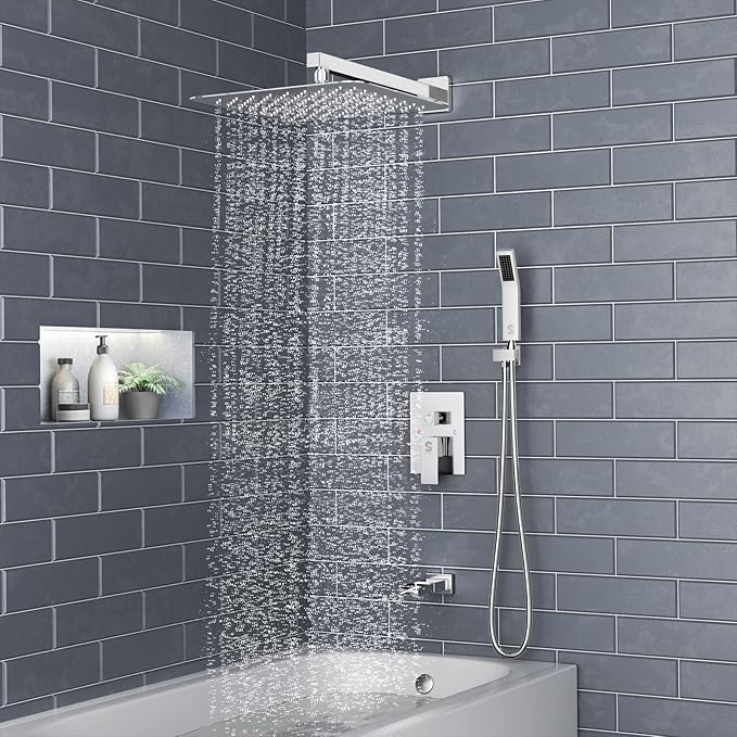 SR SUN RISE 16 Inches Bathtub Faucets Sets Complete Shower System with Tub Spout Wall Mounted Square Shower Head with Handheld Spray Shower Fixtures Contain Valve and Trim Kit, Polished Chrome