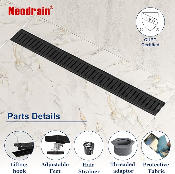 Neodrain 24" Matte Black Bathroom Linear Shower Drain with Removable Capsule Pattern Grate, 304 Stainless Steel Shower Floor Linear Drain- CUPC Certified with Hair Strainer