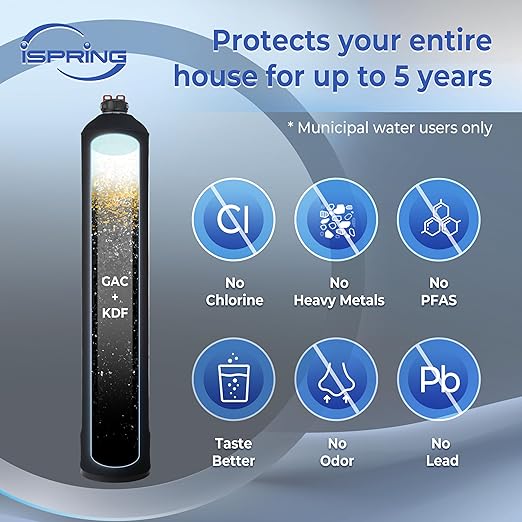 iSpring Whole House Water Filter System, Reduces Chlorine, Chloramine, Lead, Water Filter Lasts up to 5 Years, Model: WF1054