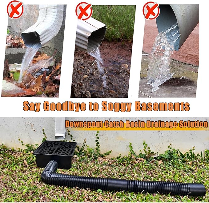 Rain Gutter Downspout Extensions with 10×10in Catch Basin, Low-Profile Downspout Extender, Flexible Drainage Pipe Extends to 6.5ft, French Drain Kit & Rainwater Diverter for Foundation Protection