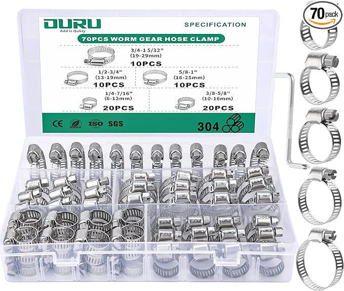 70PCS Hose Clamps Stainless Steel Assortment Adjustable 1/4"-1-5/32"(6-29mm) Worm Gear Hose Clamp, Heavy Duty Metal Small Hose Clamps for Automotive, Pipe, Radiator Plumbing, Fuel Line