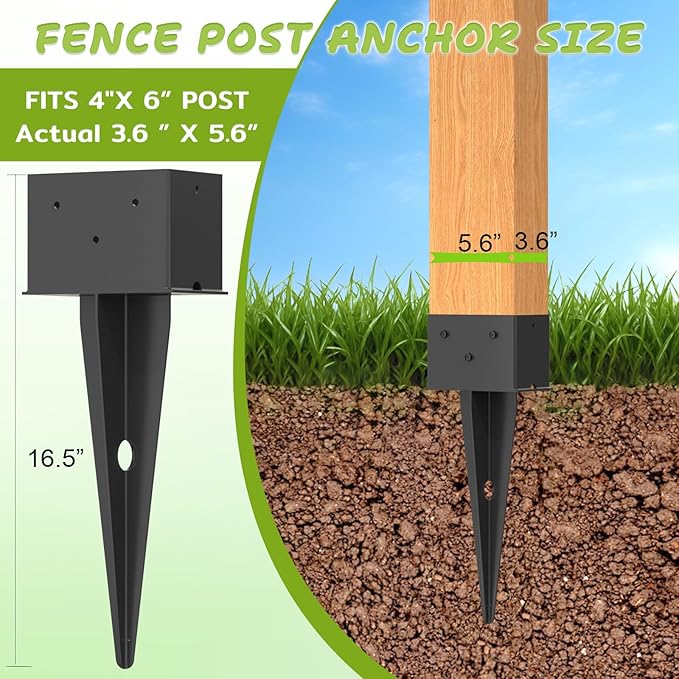 3 Pcs 4"x 6" Fence Post Anchor Ground Spike, 16.5" Heavy Duty Metal Fence Stake Post Bases (Inner Size 3.6"x5.6") with Black Powder Coated for Fence, Deck, Railing, Mailbox and Porch