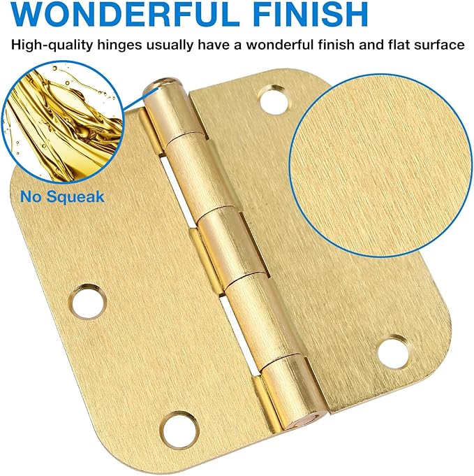 Door Hinges Satin Brass 3.5 Inch x 3.5" Interior Gold Door Hinges for Doors 6 Pack Brushed Brass Door Hinges 3-1/2" Rounded 5/8"Radius Corners Bedroom Residential Standard Indoor Door Hardware Hinge