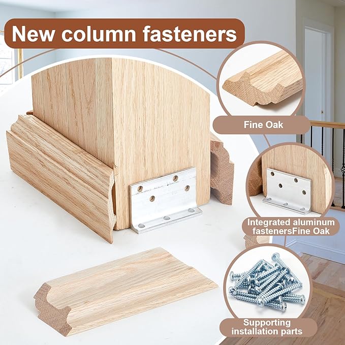 Blulu 1 Set 6" Newel Post Mounting Kit 4 Pcs L Bracket Metal Post Anchor with 4 Pcs Red Oak Wood Trim Deck Base Fasteners for Fastening Handrails Balustrades to Stairs and Floors