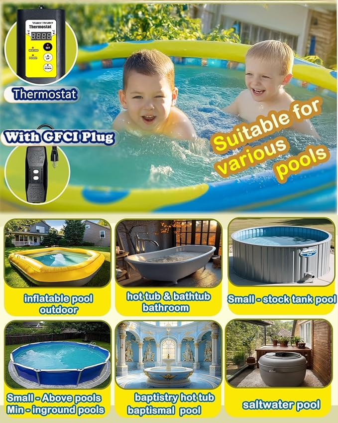 1300W Submersible Water Heater - Hot Tub Heater with Gfci for Bathtub, Immersion Water Heaters with Thermostat for Bucket, Submersible Pool Heater for Small Inflatable Pool Warmer