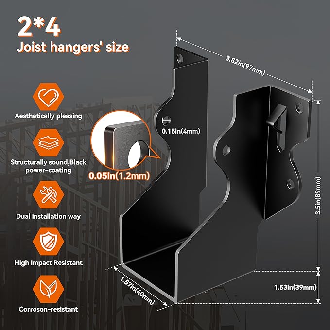 50 Pcs 2x4 Joist Hangers Black, Face Mount Joist Hangers 2x4 Deck, Rafter Brackets/Hanger, Hurricane Ties Brackets for Shed/Barn/Coop/Porch/Fence, Structurally Sound and Aesthetically Pleasing