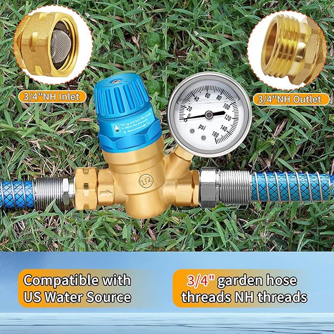 Boltigen Handle Adjustable RV Water Pressure Regulator, 3/4’’ GHT Brass Lead-Free RV Fresh Water Hose Pressure Regulator Valve with Gauge for RV Camper Trailer, Pressure Reducer Valve