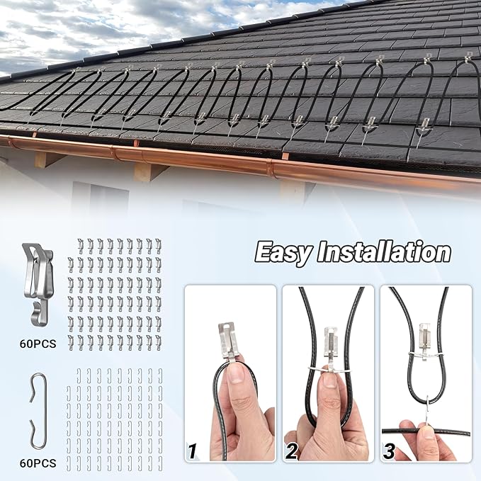Heat Tape for Roof and Gutters 152FT, 8 Watts/ft Roof Heat Cable w/ 60PCS Clips & Spacers, Self-Regulating Heat Cable w/LED Plug, Gutter Heat Cable for Ice Dam & Pipe Freeze Prevention