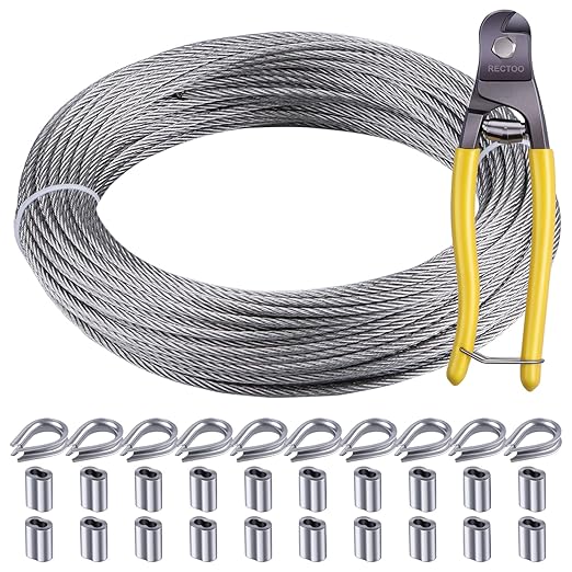 100FT 1/16" Wire Rope Kit, 7x7 Marine Stainless Steel Strand Core, T316 Strength for Hanging, Aircraft, Yard, Garden, Deck Railing, Trellis Wire with Crimping Sleeves, Thimbles, Cable Cutter