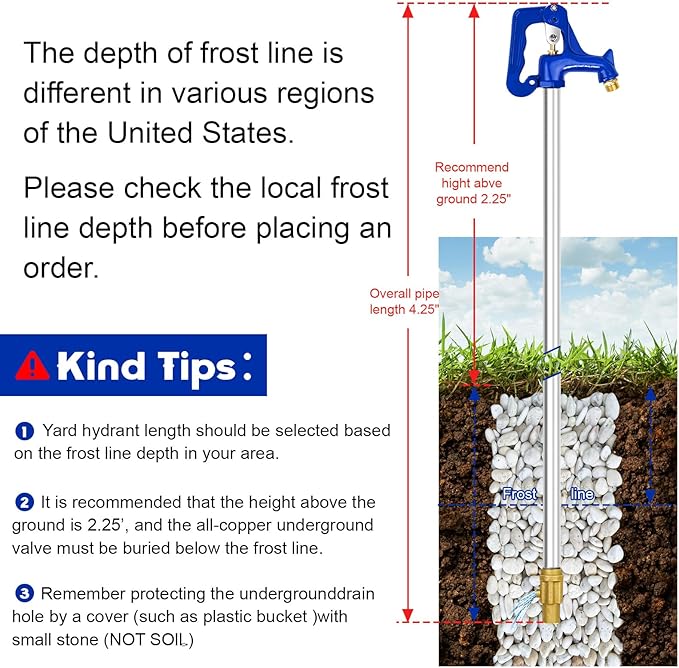 4.25FT Frost Proof Yard Hydrant,Freezeless Frost Free Outdoor Water Hydrant,3/4"Pipe Connection,Total Length 4.25ft,24’’Bury Depth,for Yard, Garden, Pasture Irrigation,Reliable Water Supply