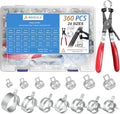 360Pcs 1/5" to 1-3/8" (5-34mm) Spring Band Hose Clamps Assortment Kit with Swivel Flat Hose Clamp Plier, SEKSUALA Constant Tension Steel Clamps for Fuel Lines, Silicone,Vacuum Hoses (Grey)