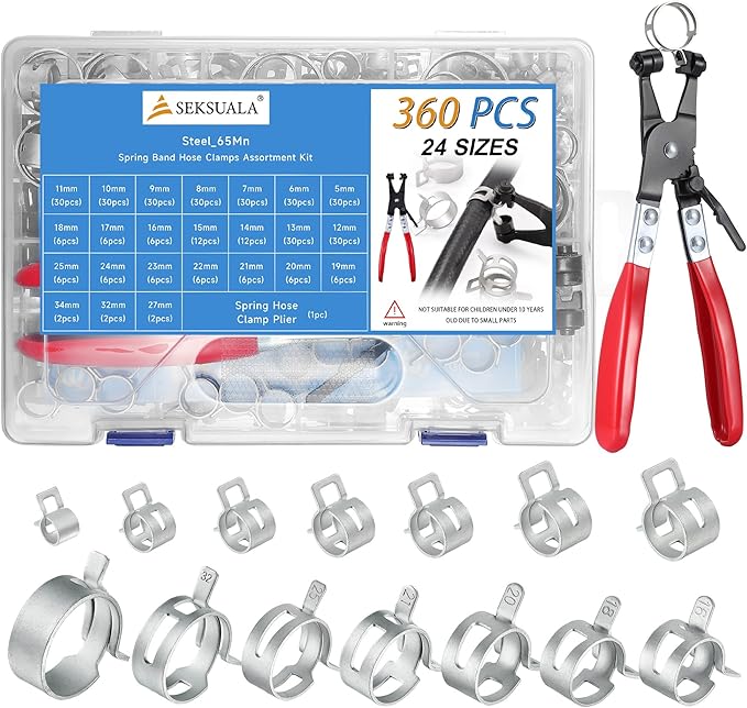 360Pcs 1/5" to 1-3/8" (5-34mm) Spring Band Hose Clamps Assortment Kit with Swivel Flat Hose Clamp Plier, SEKSUALA Constant Tension Steel Clamps for Fuel Lines, Silicone,Vacuum Hoses (Grey)