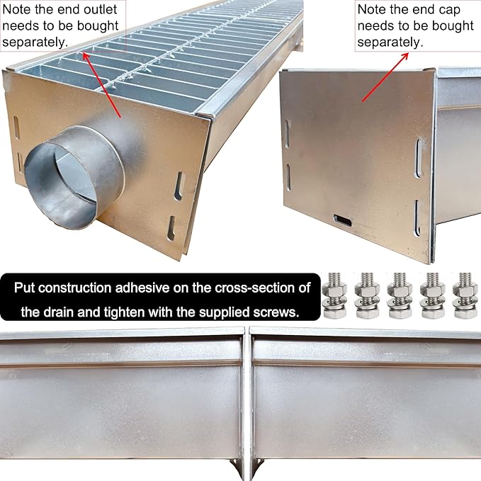 304 Stainless Steel Channel Drain with Galvanized Steel Grate 39.4x9x6 in, B-Class 28100 lbs Heavy-Duty Drain Kit for 3" Pipe, Trench Drainage System for Outdoor, Driveway, Garage, Yard
