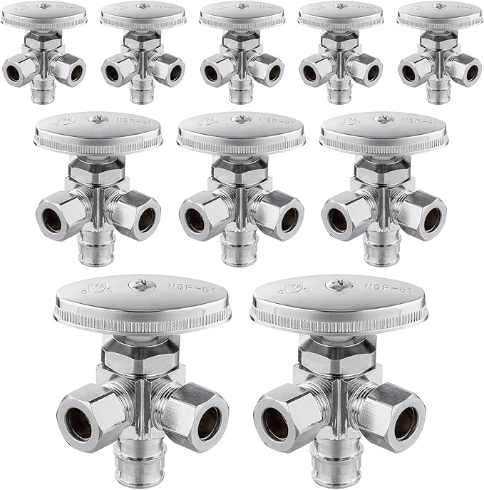 (Pack of 10) Seelink Multi-Turn Dual Outlet Angle Stop Valve, 1/2" Pex-a Expansion F1960 Pipe Inlet x (3/8 inch x 3/8 inch) Compression Outlets, Chrome Plated Brass