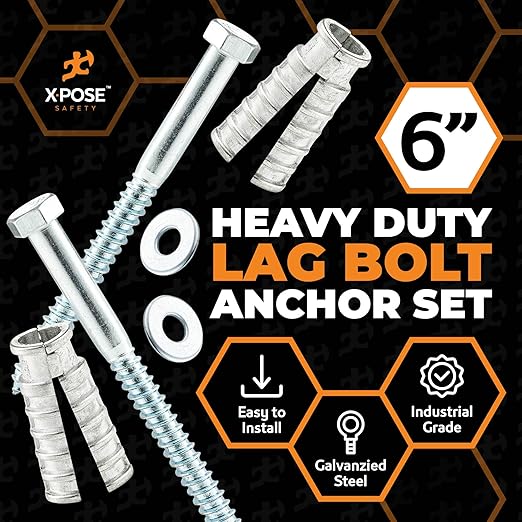 Concrete Anchors Set with 6" Lag Bolt, Lag Shield and Washer - 100 Sets per Pack - 1/2" Bolt Lag Screws 6-Inch for Parking Curb Stop - Galvanized Steel Lag Bolts