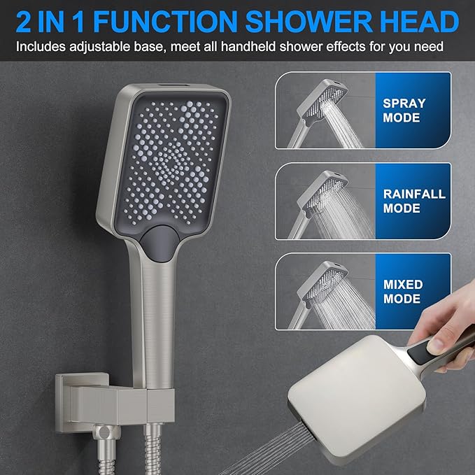 Bathtub Shower Faucet Set with Pressure Balance Valve, 12" Ceiling Mount Shower System with Tub Spout Multi-function Handheld Head Push Button Diverter Shower Trim Kit, Brushed Nickel