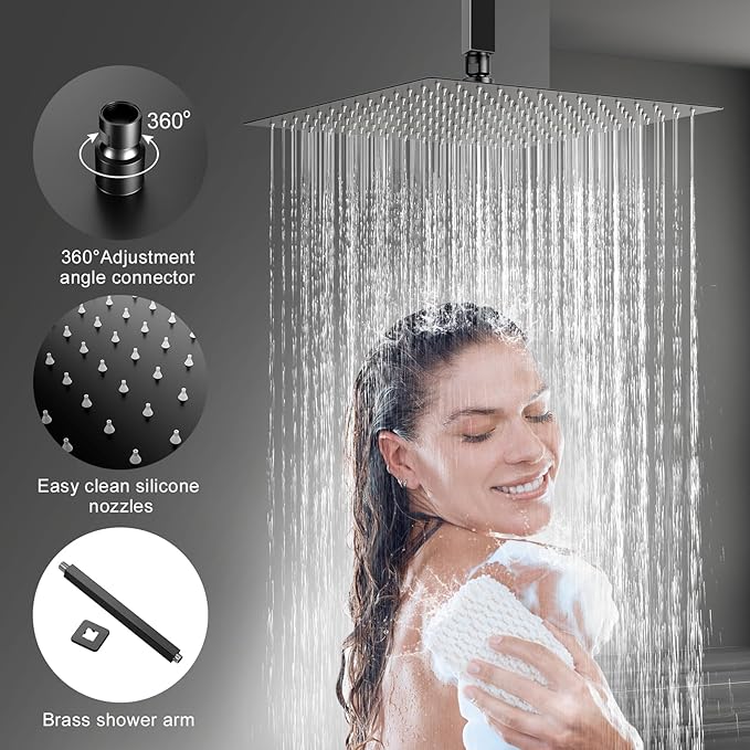 JOMEOO® 12 Inch Matte Black Shower System, Ceiling Mounted High Pressure Rain Shower Head with Handheld Sprayer, Bathroom Luxury Black Shower Head Shower Faucet Set Rough in Valve Body and Trim