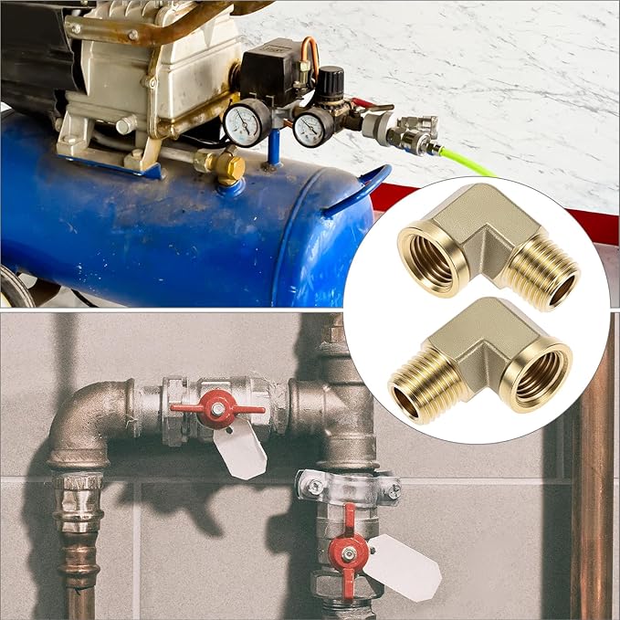 QWORK 90 Degree Brass Street Elbow, 2 Pack 1/4" NPT Male x 1/4" NPT Female Forged Fitting, High-Temperature Brass Connector, NPT Pipe Fittings