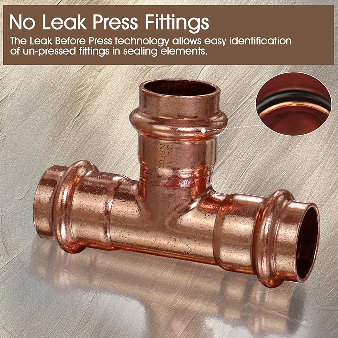 Copper Press Fittings Tee 3/4" Copper Press Tee Fitting, Zero Lead 3/4" x 3/4" x 3/4" Coppers Press Fit Equal Tees for Coppers Tube Connection,OD 7/8”,Use with Hydraulic Press Fitting Tool,6PCS