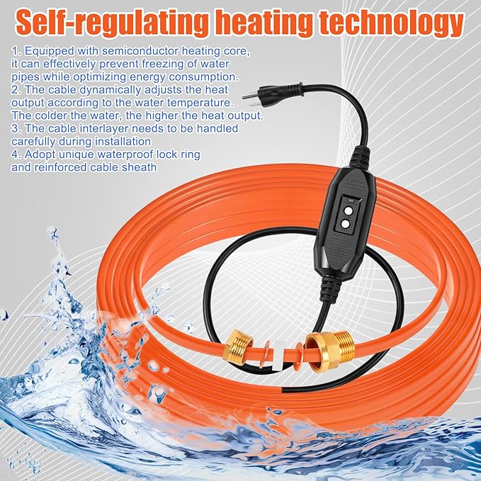 10 Ft In Pipe Heating Cable Prevents Pipe from Freezing, Internal Self Regulating Heat Trace Cable for Safe Drinking Water, 3/4 NPT Fitting, 120 V, 3 W/FT