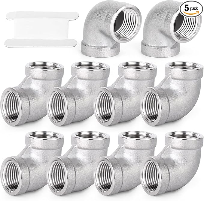 TAISHER 5PCS 304 Stainless Steel 90 Degree Elbow Fittings, 3/4 Inch NPT Female Pipe to 3/4 Inch NPT Female 304 Stainless Pipe Fitting