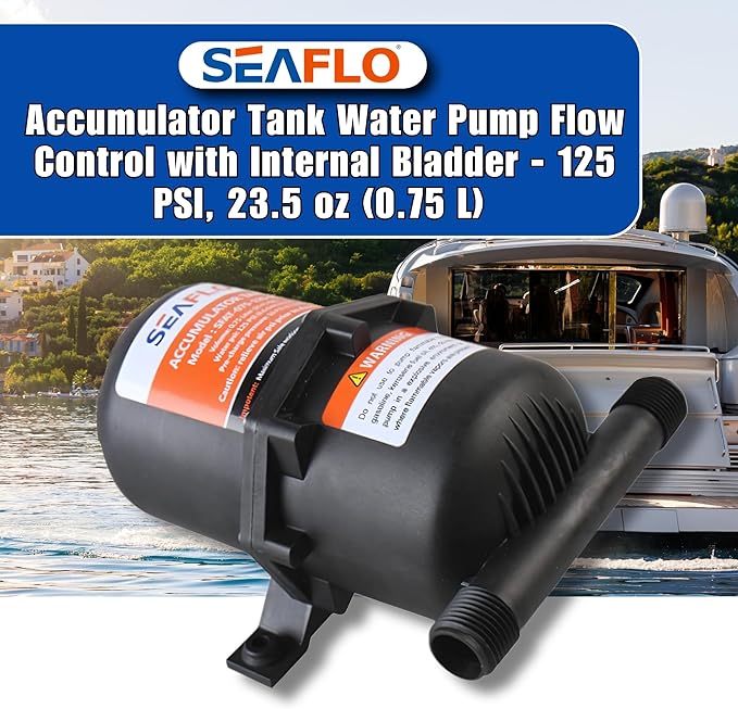 SEAFLO Accumulator Tank Water Pump Flow Control with Internal Bladder - 125 PSI, 23.5 oz (0.75 L) | Reduces Pump Cycling and Smooths Water Flow for Marine, RV, and Off-Grid Systems