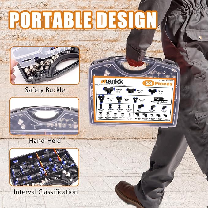 mankk 53PCS Quick Connect Air Hose Fittings Kit 1/8" 1/4" 3/8" 1/2" Push to Connect Fittings Air Line Quick Connect Fitting Quick Release Pneumatic Kit