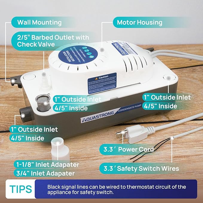 Aquastrong 1/38 HP 85 GPH HVAC Condensate Pump, 115V/230V, AC Condensation Remove Pump with Automatic Safety Switch & 19.7ft Tubing for Air Conditioner, Furnace, Dehumidifier,Ice Maker,Water Drain