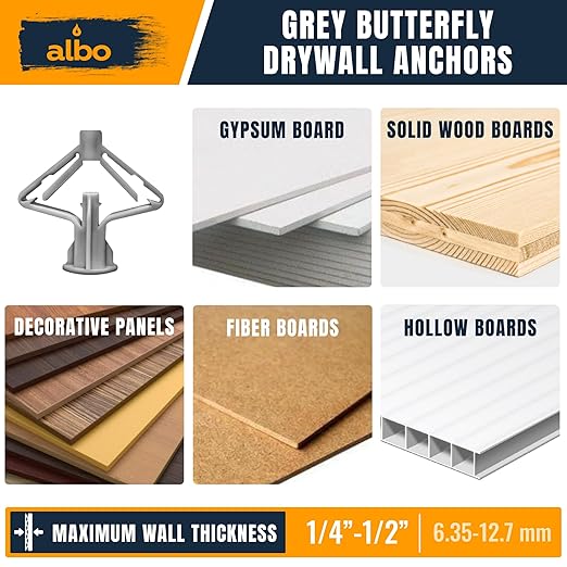 ALBO Drywall Anchor Kit Hollow Wall with Screws 50 pcs. (Grey Anchor 25pcs + Screws 25pcs) Plastic Hollow Wall Drilling Anchors