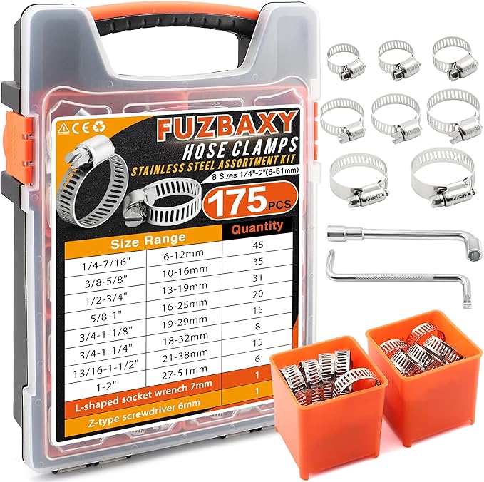 175-Piece 304 Stainless Steel Worm Gear Hose Clamps Assortment Kit,1/4-2 Inch(6-51mm) for Plumbing,Automotive,Fuel Line,Industrial,Tube,Applications