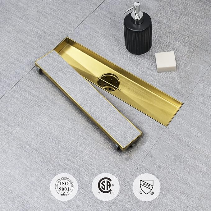 SaniteModar Linear Shower Drain, Gold Shower Drain 12 inch with 2 in 1 Tile Insert Panel, with Hair Strainer and Leveling Feet