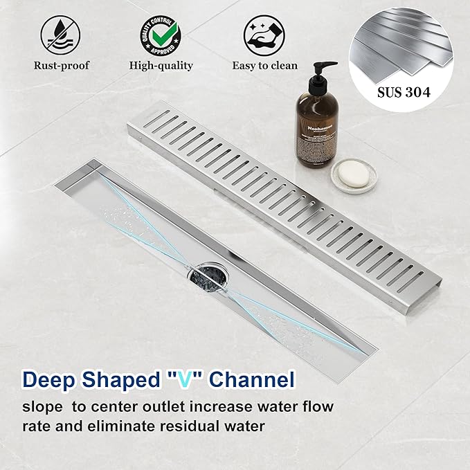 Neodrain 18" Brushed Linear Shower Drain Shower Linear Drain, Removable Capsule Pattern Grate, Bathroom 304 Stainless Steel Rectangle Shower Floor Drains- CUPC Certified