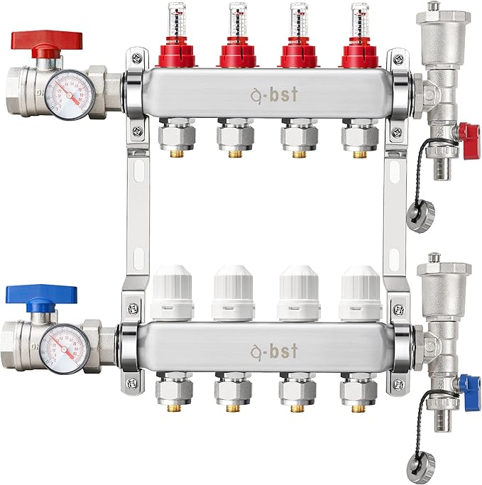 ABST PEX Manifold,4 Loop Stainless Steel Floor Radiant Heat Manifold Kit with 1/2" Adapters Included for Hydronic Radiant Floor Heating