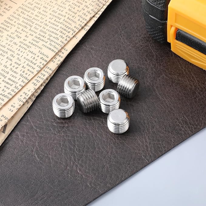 8 Pcs Stainless Steel Pipe Fitting Kit 1/4" NPT Hexagonal Countersunk Male Thread Pipe Plug Hex Countersunk Plug Assortment Set NPT Male Thread for Sealing Pipes Port