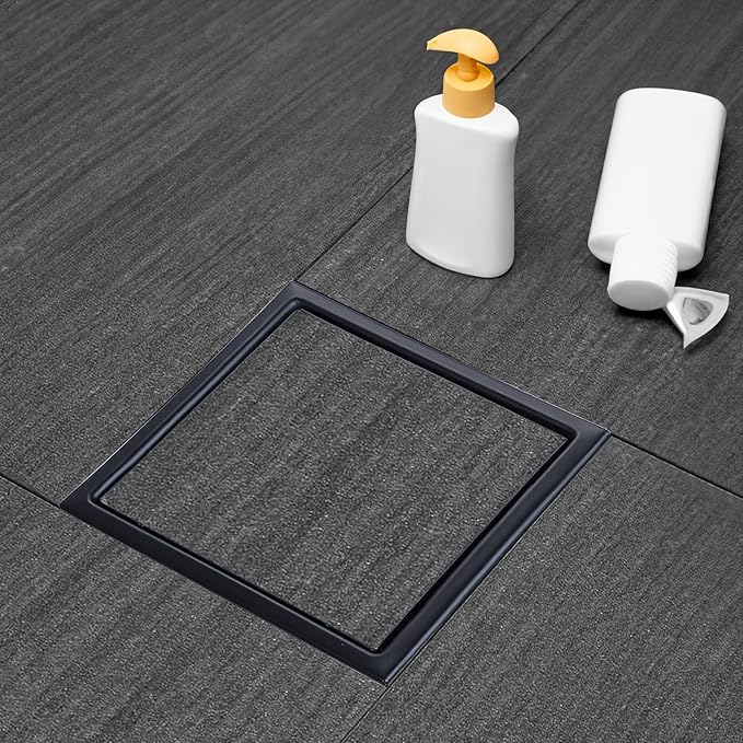 Square Shower Drain, Black Shower Drain 6 inch with Flange and 2 in 1 Tile-Insert Cover, AISI 304 Stainless Steel Matte Black Shower Floor Drain with Hair Catcher and Flange