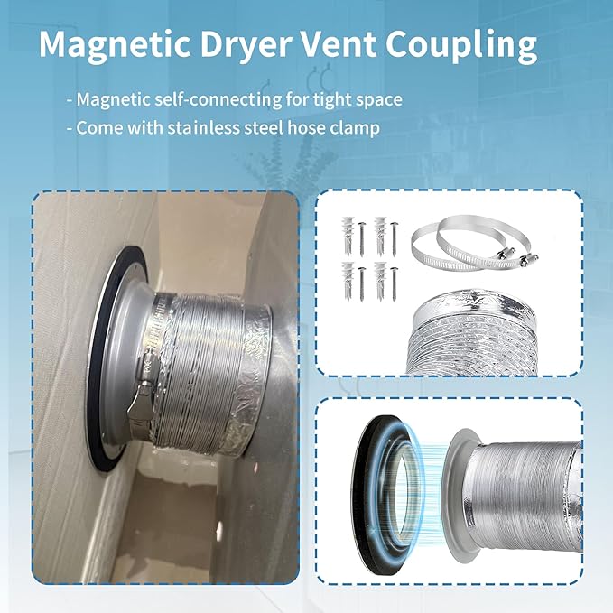 Magnetic Dryer Vent Coupler Self-connect Self-align Dry Vent Connector 4inch, Air Tight Seal with Hose Support, 0-12" Center to Center Offset, Easy Install