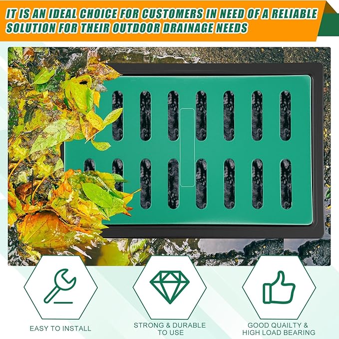 Catch Basin with Grate 14 x 22 x 24 Inch Square Large Catch Basin for Drainage with Debris Basket French Drain Without Reserved Hole for Yard, Downspout, Lawn, Municipal Pipeline, Green, Black