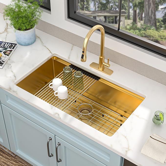 36 Undermount Kitchen Sink Gold - Fulorni 36"x19" Kitchen Sink Brushed Gold NANO-PVD Ledge Workstation 16 Gauge 304 Stainless Steel Under Counter Large Single Bowl Basin