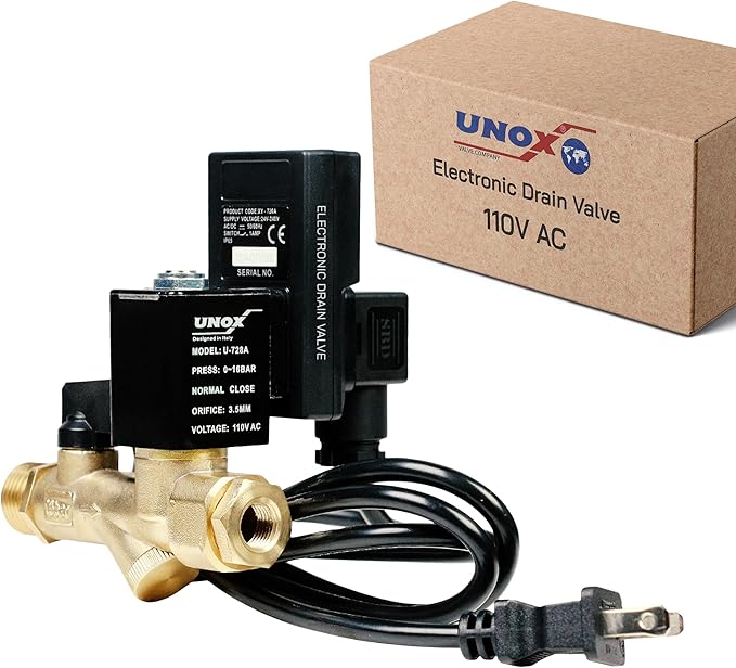 UNOX Electronic Drain Valve for Air Compressor, 1/2" NPT to 1/4" NPT 110/120V AC Automatic Timed Tank Drain Valve with 6 feet US Plug Cable - Max 235 PSI Solenoid Valve Assembled
