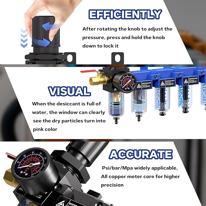 1/4'' NPT 5 Stage Air Drying System,Air Dryer for Compressor,5 &0.01 Micron Filter Cartridge,Triple Desiccant Dryers & Air Regulator,Metal Bowl, Semi-Auto Drain,Industrial Grade-Blue