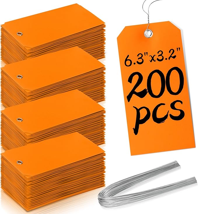 200 Pcs 6 1/4 x 3 1/8 Neon Color Marking Tags with Wire Metal Wire Tags Write On Waterproof Shipping Tags with Wires Blank Tags with String Heavy Duty Tags for Equipment Car Parts Inventory (Orange)
