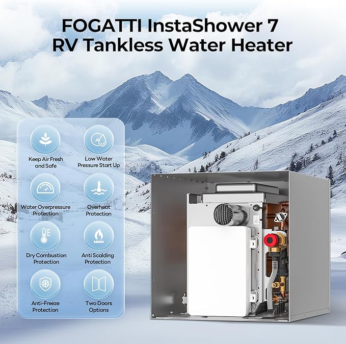 FOGATTI RV Tankless Water Heater, 3 Optional Door Sizes 15"x15", 15"x18" and 18"x18" for Refitment, DC 12V, Optimized Summer Comfort Performance, Ideal for RVers' Family Use, InstaShower 7