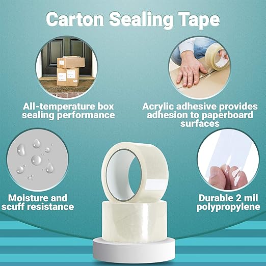APQ 24 Rolls of Carton Sealing Tape 3” x 110 Yards. Thickness 2 Mil. 50 Micron Polypropylene Pressure Sensitive Tape for Packing, Shipping, Moving Boxes. Acrylic Adhesive. No Weathering, Yellowing.